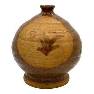 VINTAGE HAND THROWN BROWN GLAZED ROUND BUD VASE SIGNED R.N. 1991